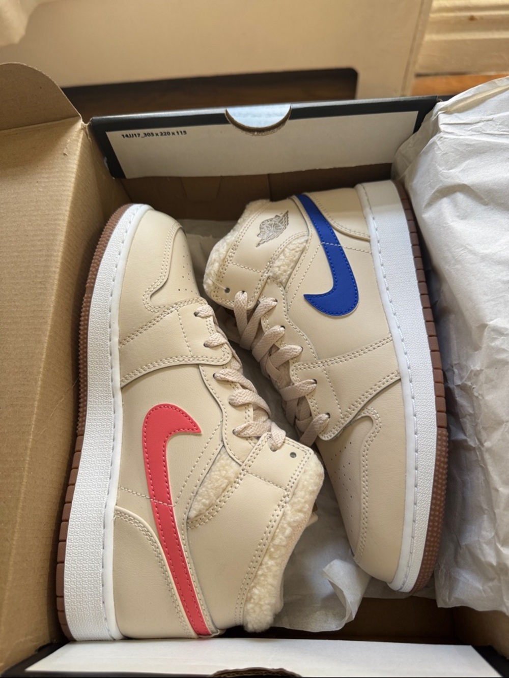Jordan Kids Mid-Top Sneakers in Beige with Red & Blue Swooshes